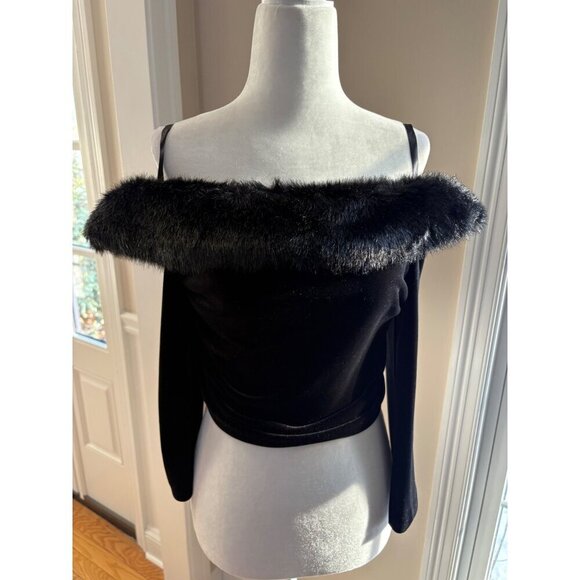 Vintage Patra Off The Shoulder Faux Fur Trim Stretch Velvet Top Size 10 - Picture 4 of 13